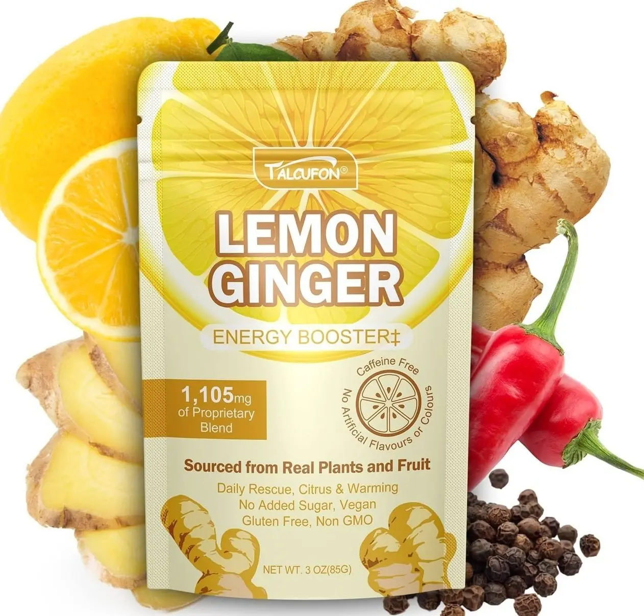 Talcufon Lemon Ginger Blend Superfood Powder with MCT Oil, Turmeric, Ginger, Ture Lemon Powder, Acacia Fiber Powder, Cayenne Powder, Black Pepper Powder All Natural, Caffeine-Free 3Oz (85G)