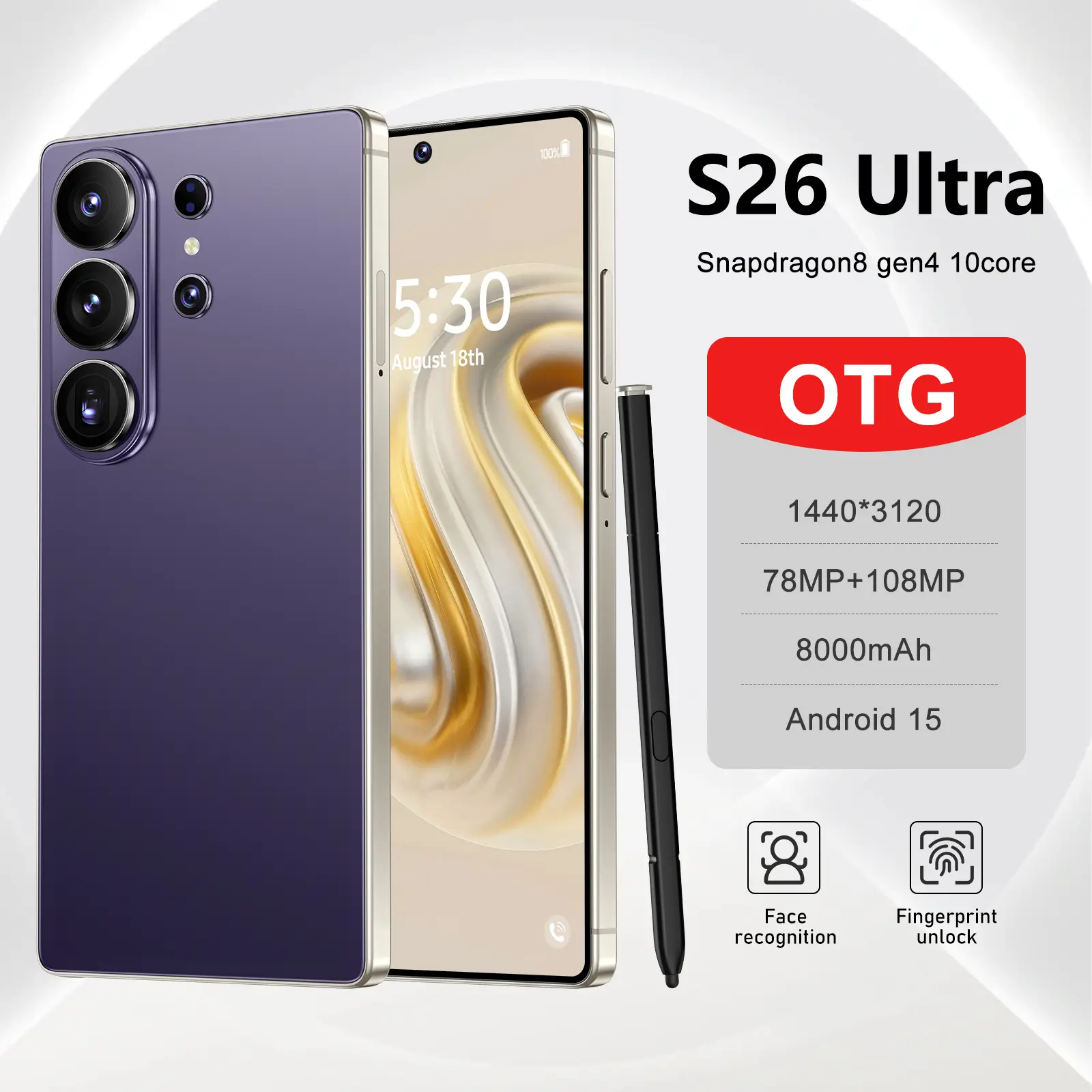 2026 Latest S26 Ultra 5G Android 15 Phone, 12GB+512GB, 6.99" HD Display, 78MP+108MP Dual Cam, 8000mAh, Face ID, Built-in Pen, Case & Screen Protector