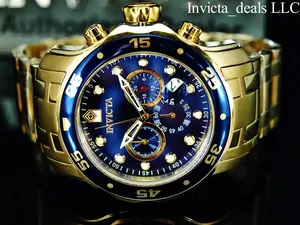 Invicta Men's 48mm Pro Diver SCUBA Chronograph Blue Dial 18KT Gold Plated Watch