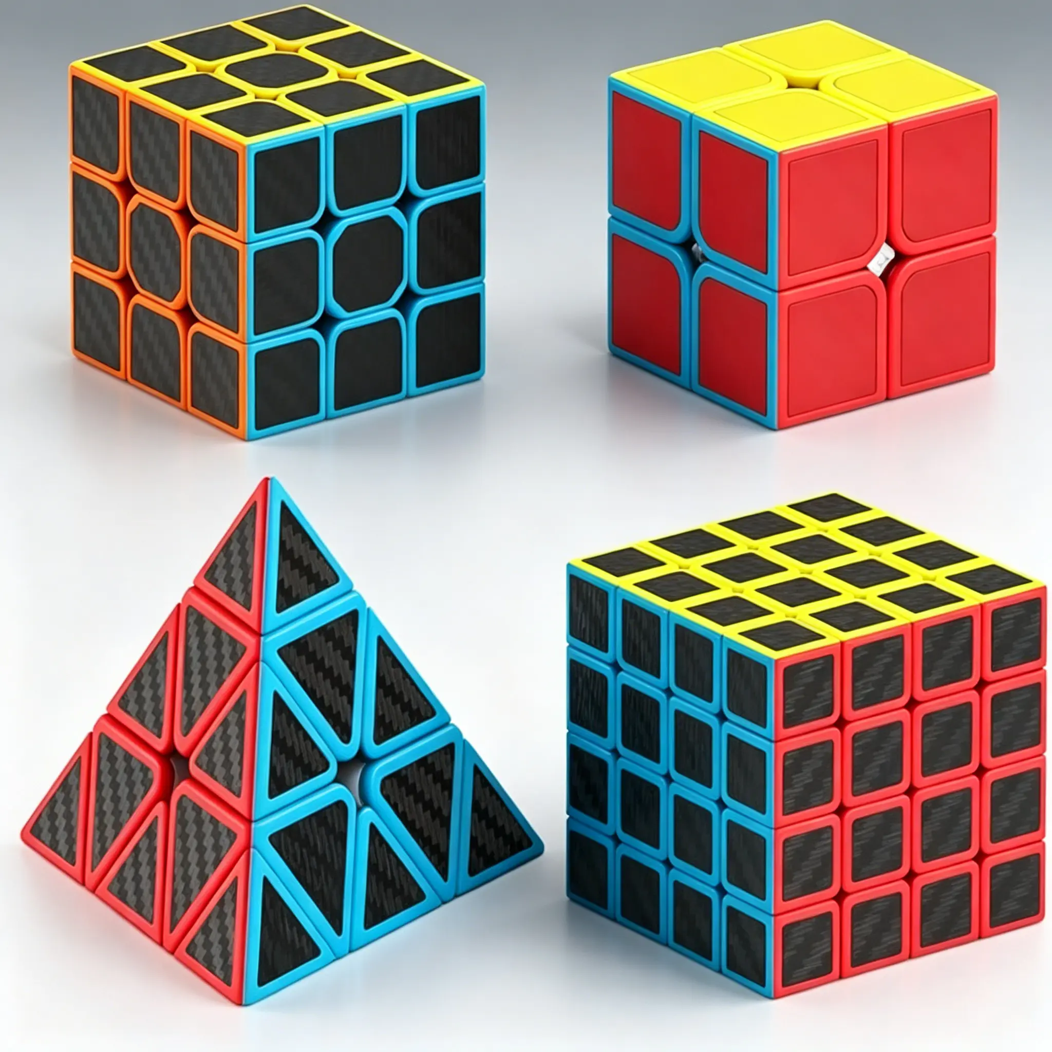 Speed Cube Set, 4 Pack Magic Cube Bundle Includes 2x2x2 3x3x3 4x4x4 Pyramid Puzzle Cube, Carbon Fiber Sticker Smooth Turning Brain Teaser Toy, Birthday Party Christmas Stocking Stuffers Gift for Kids Teens Adults