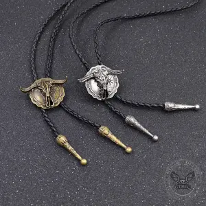 GTHIC West Bull Skull Alloy Braided Bolo Tie Fashion Statement Jewelry Accessory Daily Wear