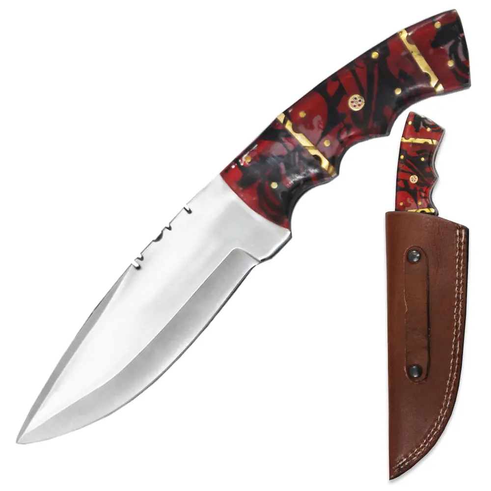 10" Full Tang Hunting Knife, Stainless Steel Drop Point Fixed Blade with Brown Acrylic Handle & Gold Accents, Leather Sheath for Camping & Bushcraft Survival Equipment, Emergency Survival Equipment, Survival Equipment Set