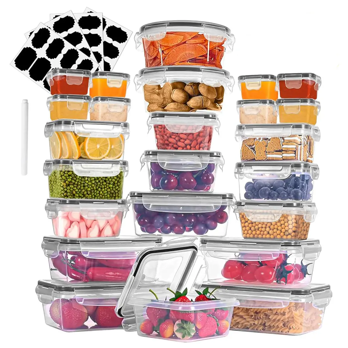 48Pcs Kitchen Airtight Food Storage Containers with Easy Snap Leakproof Lids, Plastic Utensils for Pantry Cabinet Organization & 3-Second Golden Hook, Labels & Markers Included, Mother's Day Gift Idea