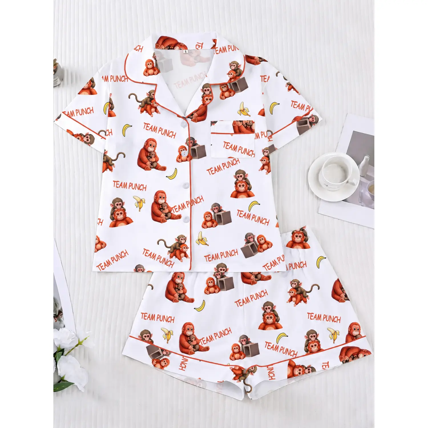 Women's Short Sleeve Pajama Set: Cozy Sleepwear & Lounge Outfit, Perfect for Home & Parties - Banana Monkey Design