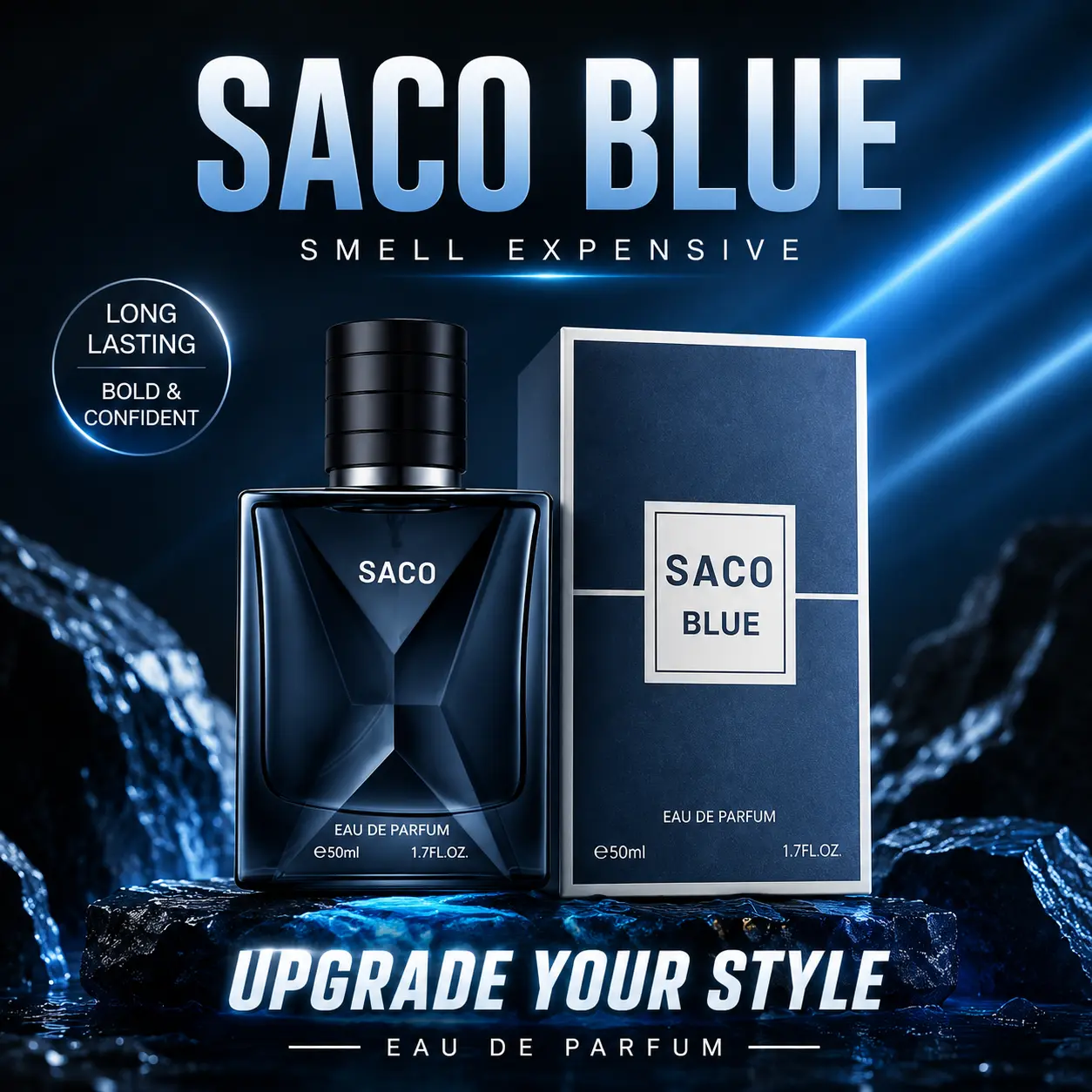 Men's Eau de Parfum Spray, SACO Blue Long Lasting Woody Fragrance Perfume for Men, 50ml Luxury Dark Blue Bottle, Elegant Scent for Daily Work Dating Party, Ideal Birthday Holiday Gift for Him