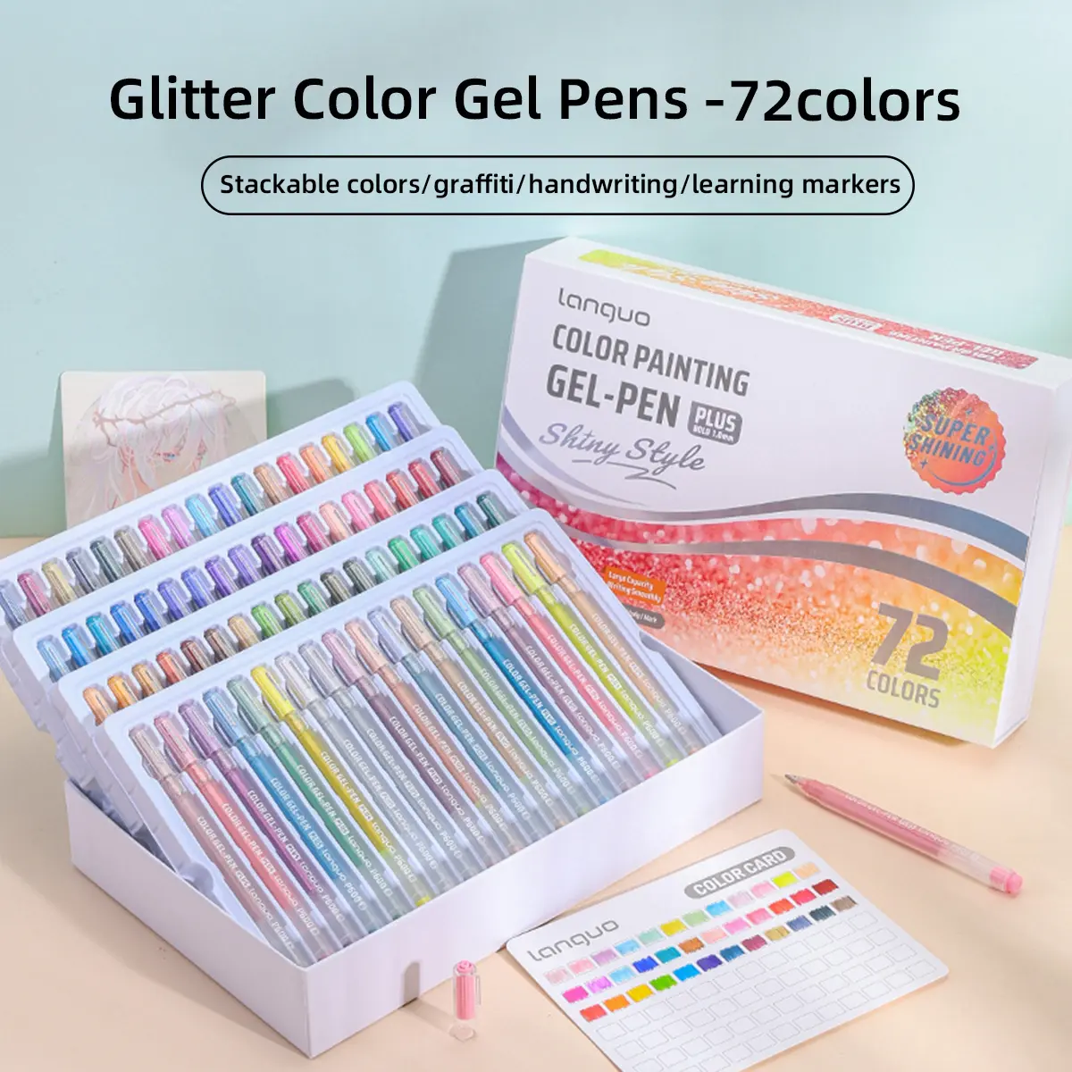 Languo Flash Effect Gel Pens Set, 72 Colors Gift Box, High-Quality Stackable Ink, 1.0mm Bullet Tip, Large Capacity, Smooth Coverage, Art Supplies, Art Markers