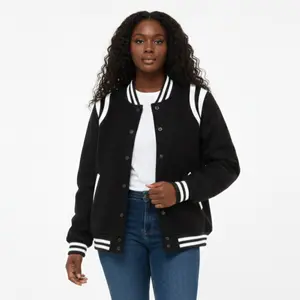 Women's Fitted Long-Sleeve Varsity Coat - Spring Casual Tops with Leather Shoulder Embellishments, Stripe Style, Comfortable Outerwear