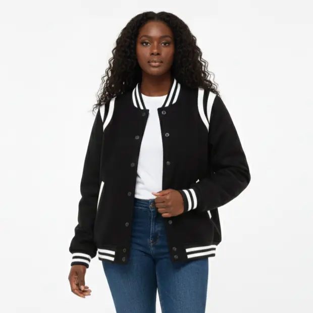 Women's Striped Varsity Jacket, Casual Polyester Bomber with Faux Leather Shoulders, Pockets and a Button Front, Lady, Jeans, Tops, Longsleeves, Baseball Jacket, Style, Long Sleeve, Coats, Fitted, Comfortable, Regular Sleeve, Polyester Shell, Preppy Stree