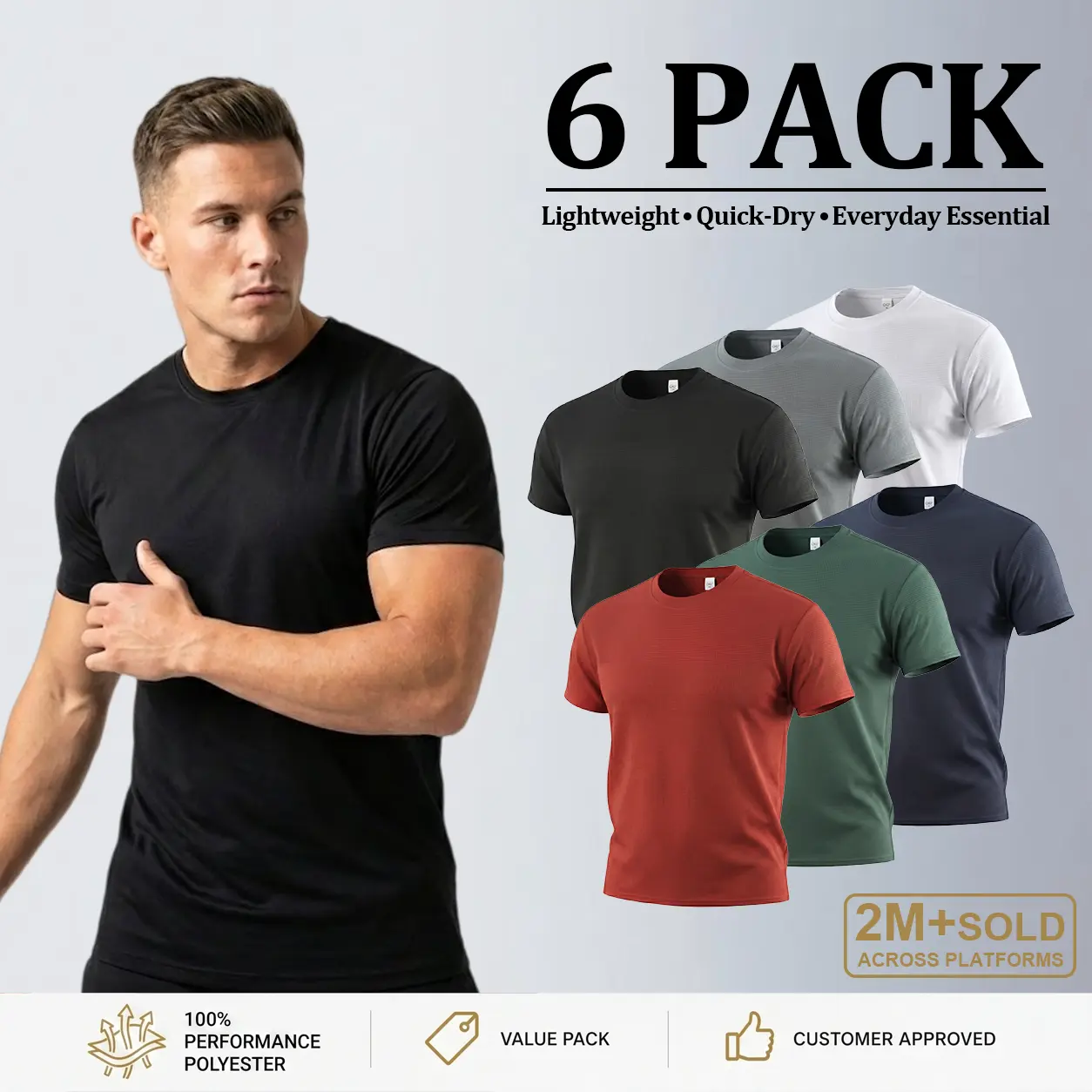 Men's 6-Pack Solid T-Shirts, Sporty Chic 100% Polyester Quick Dry Activewear, Sweat Wicking Breathable Tops for Gym & Everyday Wear, Breathable Athleisure, Fitted, Round Neck, All Season