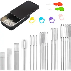 46 PCS Large-Eye Blunt Needles kit, 8 Sizes Stainless Steel Yarn Knitting Sewing Needles, Crafting Weaving Stringing Needles with Threaders and Stitch Markers(Black)