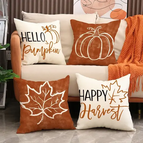 4-Piece 18x18-Inch Autumn Harvest Farmhouse Pillowcase Set, Decorative Fall Decor with Maple Leaves and Pumpkins Pattern, Thanksgiving Living Room Cushions