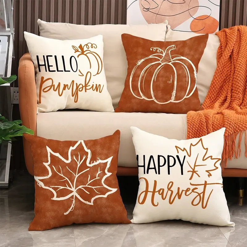 4-Piece 18x18-Inch Autumn Harvest Farmhouse Pillowcase Set, Decorative Fall Decor with Maple Leaves and Pumpkins Pattern, Thanksgiving Living Room Cushions