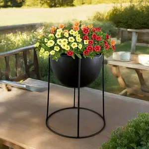 Iron Art Flower Pot with Stand, Round Planter, Indoor Outdoor Use, Durable Iron Material, Perfect for Home Decor, Garden Plants, Garden Accessories, Easy Assembly, Decorative Round Planter