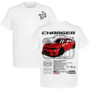 Dodge Charger Hellcat Red T-Shirt – Red Muscle Car Graphic Tee with Blueprints and Specs, Modern Mopar Streetwear Top Menswear Car Enthusiast Gift For Men, Father's Day graphic t-shirts Sports T-shirt, regular fit, casual