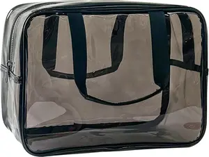 Travel Clear PVC Bag, Waterproof Toiletry Bag Makeup Pouch, Transparent Organizer with Zipper Handle Straps, Gray