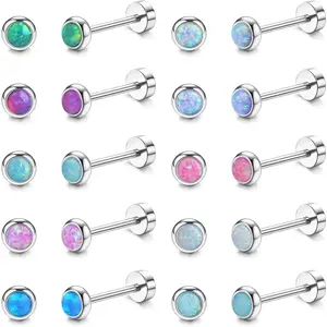 FIBO STEEL 10 Pairs Flat Back Earrings Set for Women Men 316L Surgical Steel Stud Earring Cubic Zirconia Opal 20G Cartilage Earring Piercing Jewelry Hypoallergenic Sturdy Long Color Retention