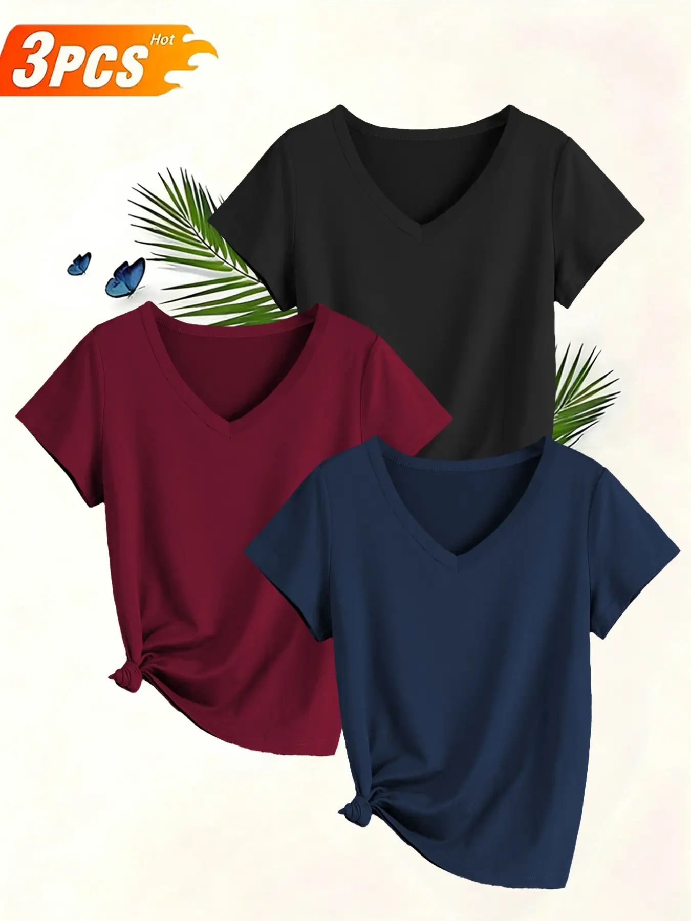 Women's 3-Pack Casual Everyday Basic Summer V-Neck Short Sleeve T-Shirts, Slim-Fit Solid Color, Comfortable Stretchy Stretch Fabric, All Seasons Top