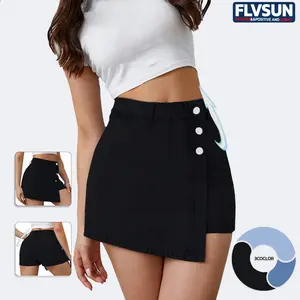 Flvsun Women's High-Waist Denim Skort Skirts - Solid Fabric, Asymmetrical Button-Up, Button Fly, Pockets, Fashionable Fit, Chic Minimalist Jeans, Cold Wash Jeans, Casual Style