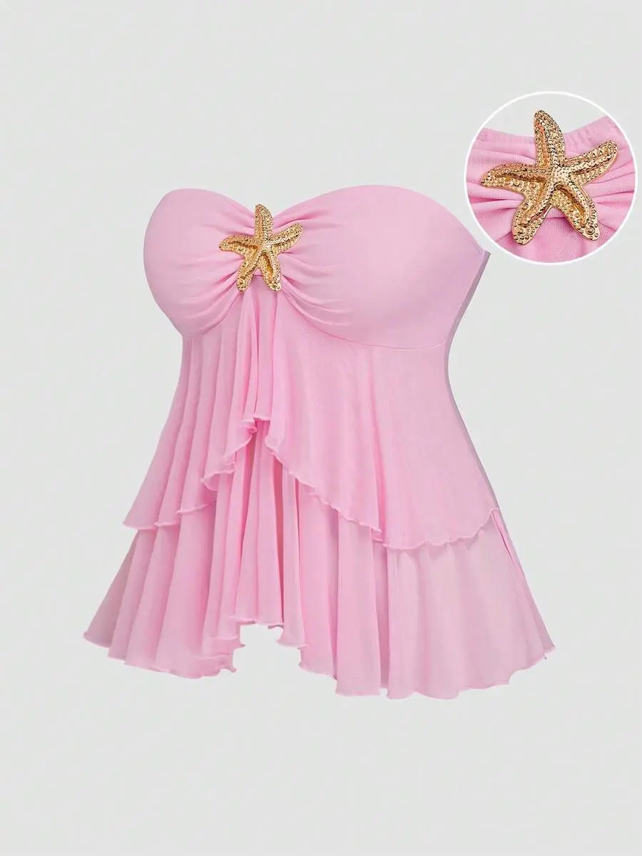 HANNA x Sweetra Plus Size Women's Pastel Pink Cute Summer Beach Holiday Camisole, Y2K Double Ruffle Cropped Sheer Design Metal Button Vacation Outfit