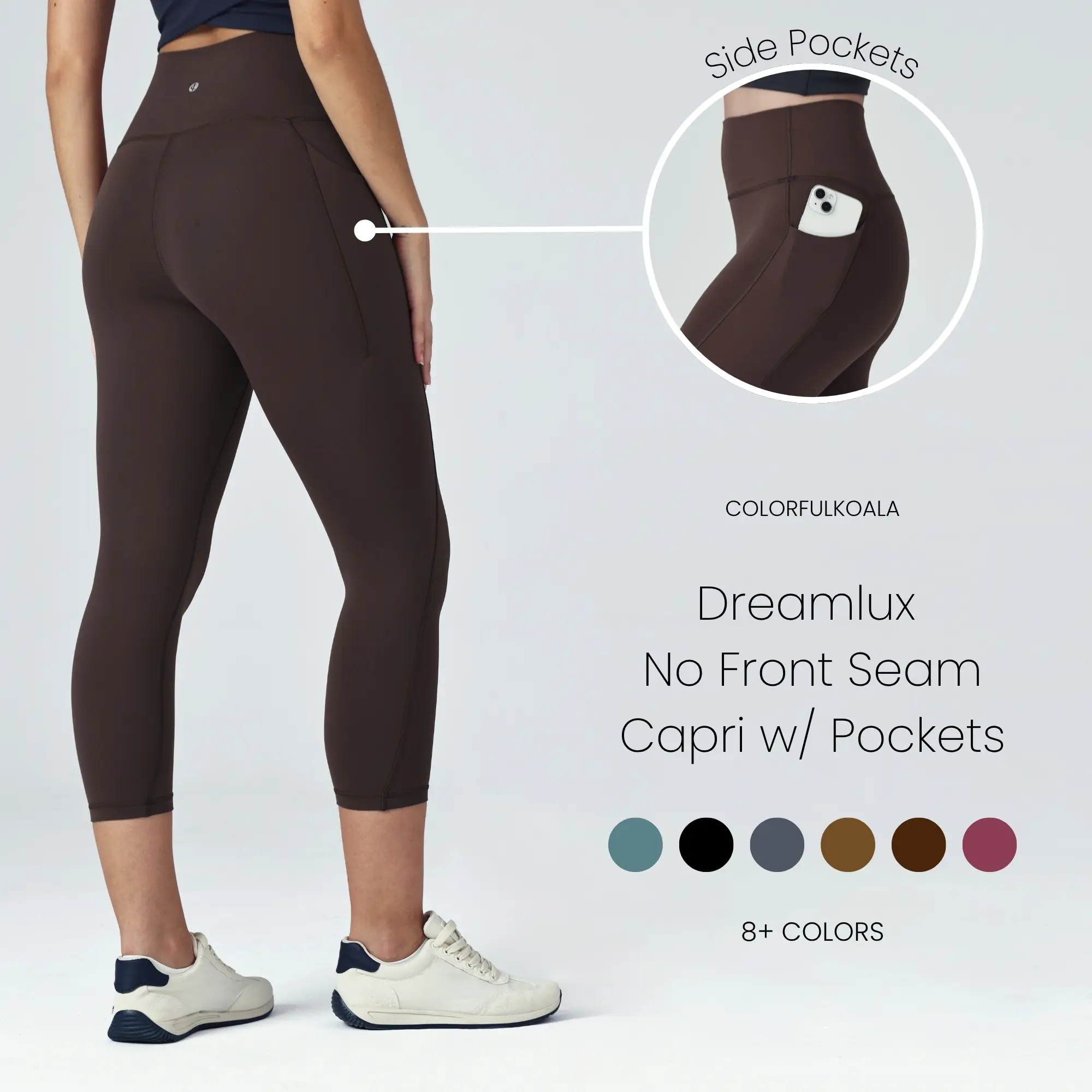 Colorfulkoala Dreamlux No Front Seam Capri Leggings w/ Pockets for Women 21" Inseam, High Waisted Yoga Pants,travel essentials,camping essentials
