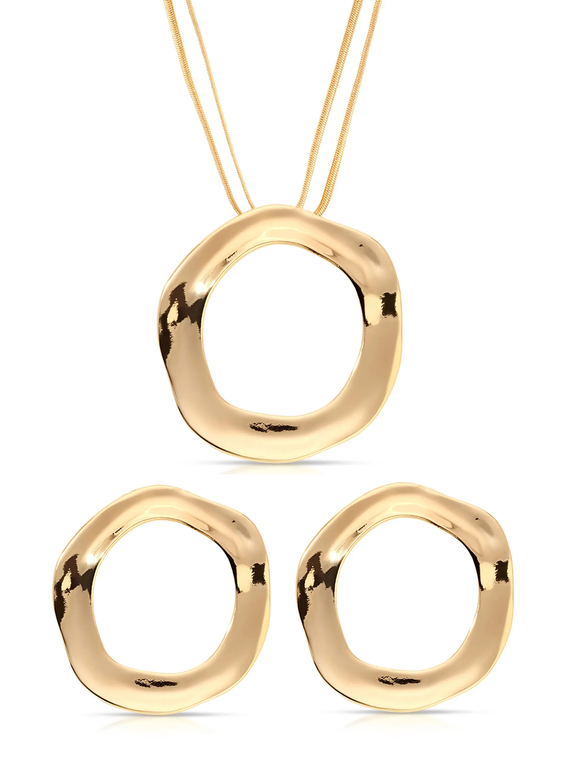 Ettika Open Circle Set 18k Gold Plated Silver Plated Zinc Necklace 12" with 5.5" Extender Chain Pendant 2.3" Earring 2.1" Diameter