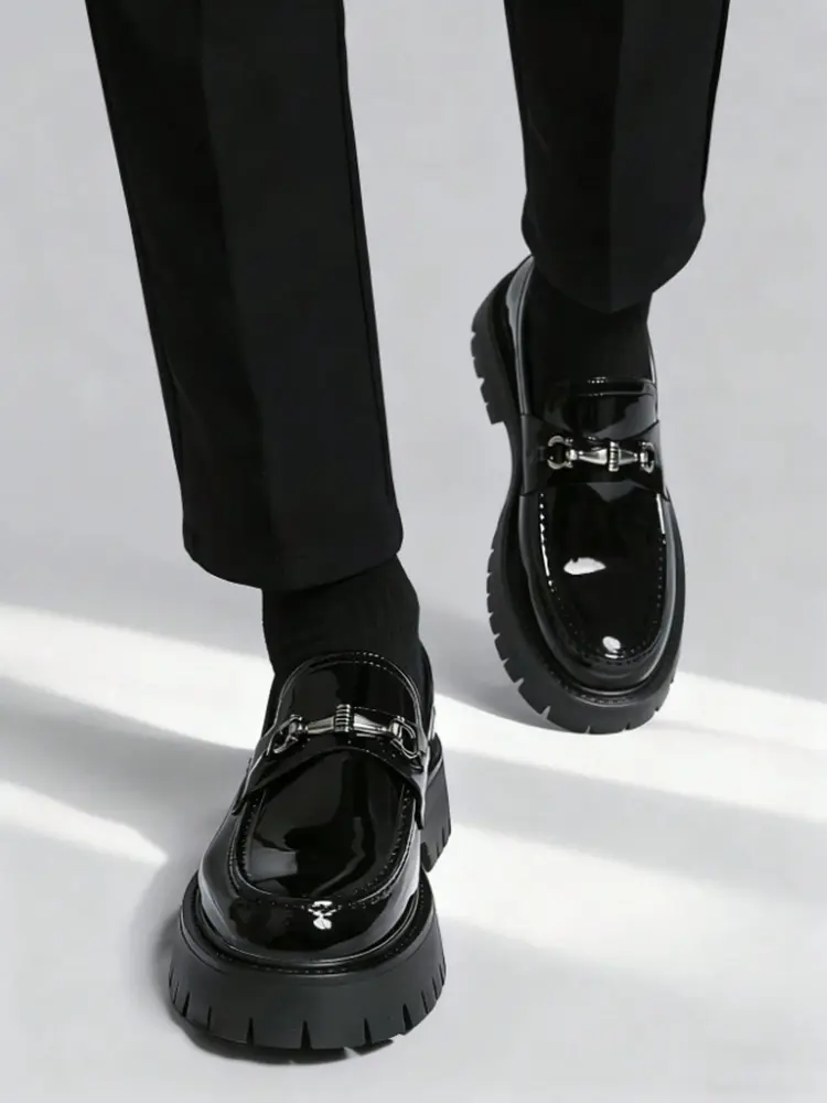 ONXITOM Men's Patent Leather Black Loafers, Slip On Platform Dress Shoes with Gold Chain Detail and Chunky Lug Sole for Office & Casual