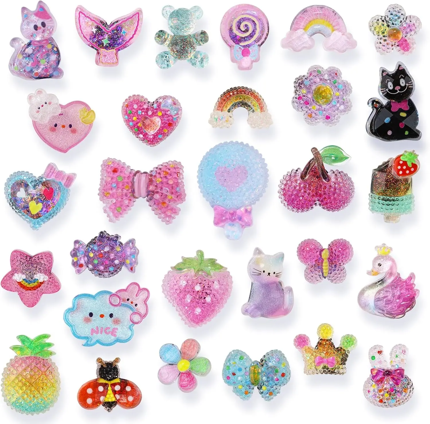 30 Pcs Cute Shiny Resin Shoe Charms Set - Strawberry, Cherry, Daisy, Bear & Rainbow Shoe Pins - DIY Aesthetic Accessories for Hole Sandals, Slides, Party Favors for Girls