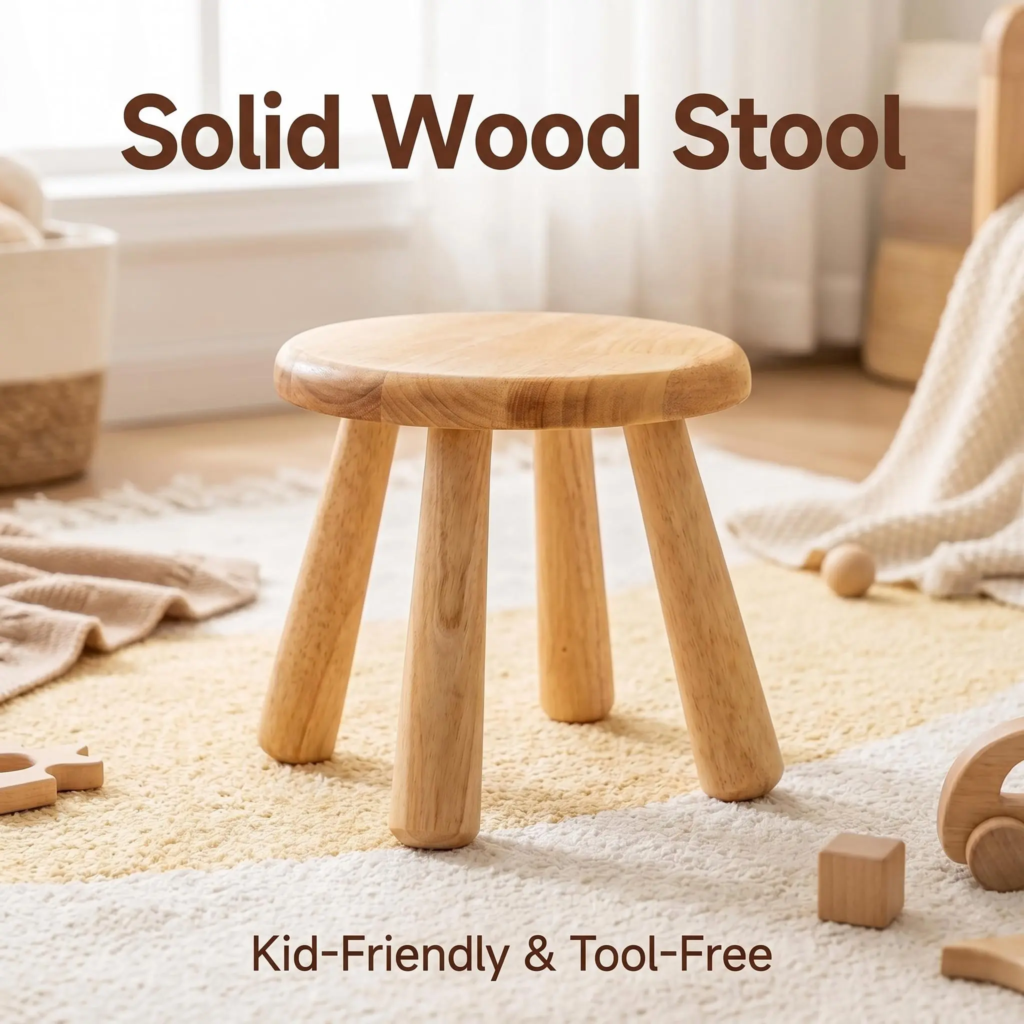 Sturdy Solid Pine Wood Stool – Round Edges for Safety, Tool-Free Assembly in Seconds. Perfect Kids’ Step Stool, Bathroom Seat, or Entryway Bench. Smooth Finish, Durable & Easy to Wipe Clean!