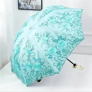Retro Lace UV Sun Umbrella, 3D Floral Embroidery Folding Lightweight Umbrella, Elegant Outdoor Sunshade Accessory for Weddings & Garden Parties