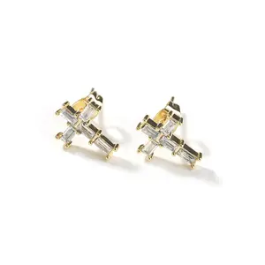 UJ Hip Hop Cross Stud Earrings, Elegant Exquisite Statement Gold-Plated Studs, Hypoallergenic Cubic Zirconia Jeweled Crucifix Decorative Earrings for Men and Women