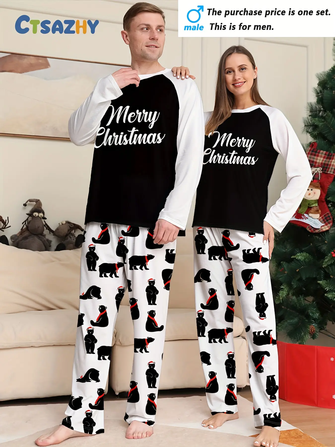 Men's/Women's Couple Christmas Long Sleeve Pants Loungewear Pajama Set Couples Set with Letters and Polar Bear Prin