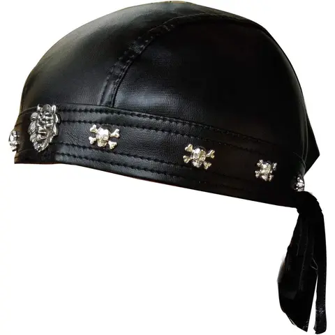Men's Synthetic Biker Skull Cap Set - Black Hatband, Faux Leather Accent, Rugged Look Bandana Cap with Durag, Headscarf Hair Wrapper for Adult Motorcycle Riders, Fashionable Hats for Motorcycle Events
