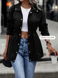 Women's Solid Woven Fitted Button Front Collar Jacket Coats, Casual Long Sleeve Outerwear for Spring & Fall, Ladies Clothes for Daily & Everyday Wear, Womenswear