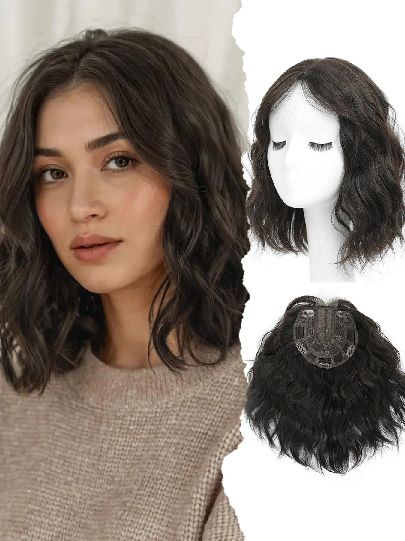 12 Inch Soft Short Wavy Synthetic Hair Topper for Women, Lightweight Breathable Base, Natural Volume, Full Scalp Coverage, Synthetic Wavy Curly