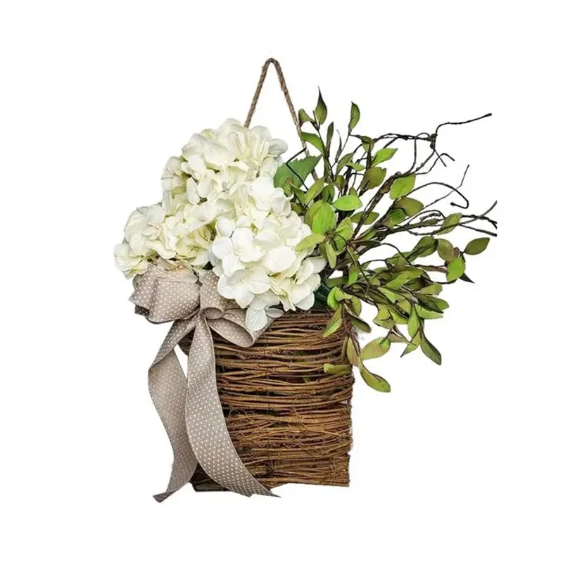 Rattan Spring Wildflower Door Hanging Basket Wreath - Farmhouse Hangable Welcome Sign for Front Door, Home Decoration, Easter Day Use