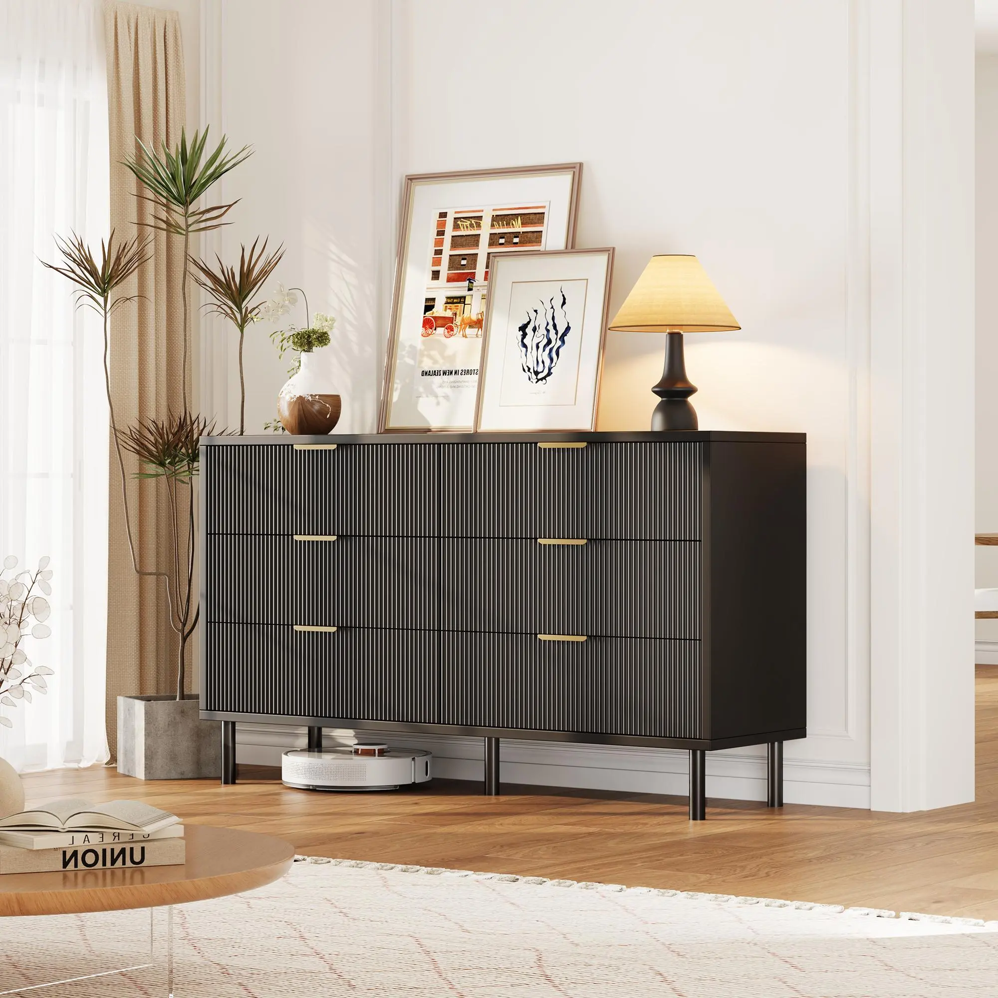 Ample Storage Space  -  Fluted Chest of Drawers with 6 Drawers  -  Width Holzkommode  -  Metallbeine & Griffe  -  Kippsicherung  -  Für Schlafzimmer, Wohnzimmer, Hallway  -  Farbe: Black