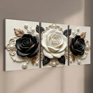 3-count wooden frame canvas, light luxury embossed black and white rose three-piece decorative poster, fashionable family poster, modern living room decoration, suitable for corridor and bedroom walls, waterproof art, Modern Home Decor, Artistic
