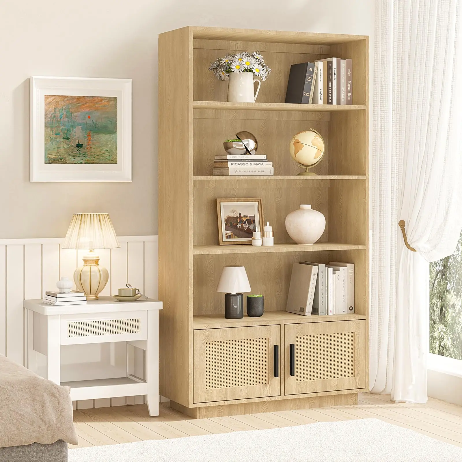 Garvee 5 Tier Bookshelf, Boho Bookcase with Rattan Doors, Wooden Bookcase and Bookshelf with Storage, Tall Book Stand, Large Bookshelf for Living Room, Bedroom, Home Office, Kitchen