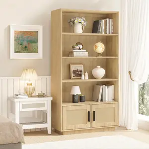 Garvee 5 Tier Bookshelf, Boho Bookcase with Rattan Doors, Wooden Bookcase and Bookshelf with Storage, Tall Book Stand, Large Bookshelf for Living Room, Bedroom, Home Office, Kitchen