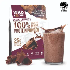 Wild Society Grass-Fed Whey Protein 100% Grass-Fed Whey Protein Powder with Superfood Mushroom Blend 25g Protein 5.4g BCAAs No Additives or Hormones