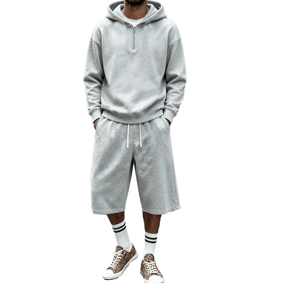 Men’s casual two-piece outfit set — half-zip hooded pullover sweatshirt + wide-leg shorts, regular athletic set with elastic waistband and drawstring design
