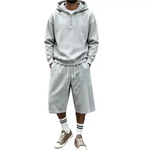 Men’s casual two-piece outfit set — half-zip hooded pullover sweatshirt + wide-leg shorts, regular athletic set with elastic waistband and drawstring design