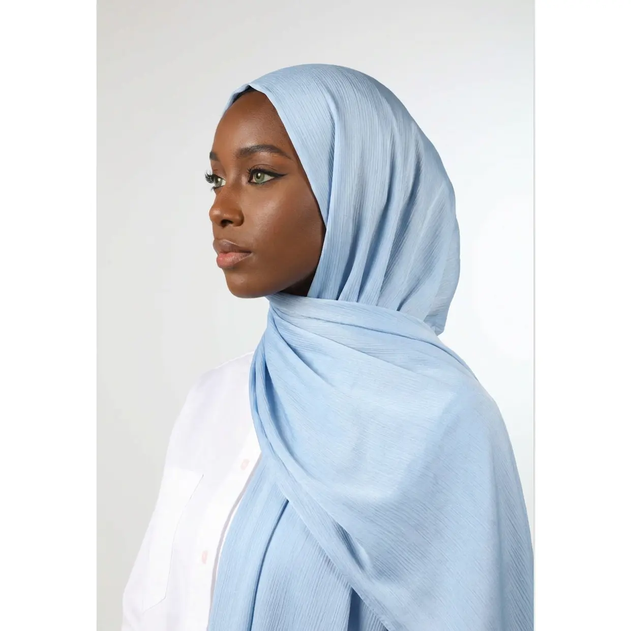 Muslim Women's Premium Silk Crepe Crinkle Hijab - Powder Blue, All Seasons, Comfortable for All-Day Wear, Effortless Styling, Elegant Fluid Drape Modest Pashmina Scarf