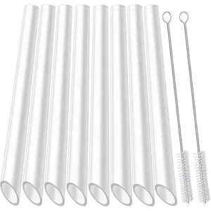 Clear Boba Straws, 13 mm x 10.5 in,  Hard Plastic Smoothie Straws for Bubble , Popping , Pack of 8 with 2 Cleaning Brush