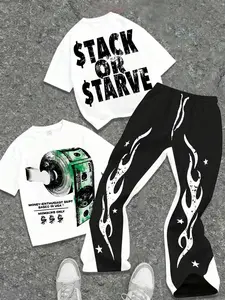 Cotton Men's Themed Two-Piece Outfit, Anime Character Print Short Sleeve T-Shirt & Flame Star Print Side Stripe Track Pants, Retro Streetwear Set