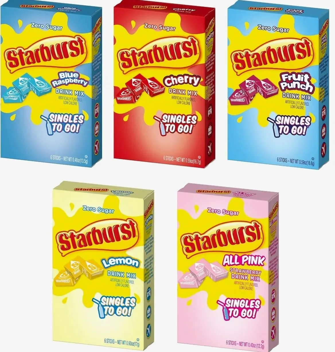 Starburst Singles to Go Variety Pack: All 5 Flavors (Raspberry, Cherry, Fruit Punch, Strawberry and Lemon) - 1 Box Each