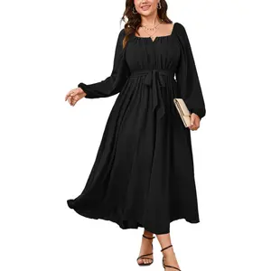 Women Plus Size Maxi Dress Long Sleeve Square Neck Wedding Guest Cocktail Belted Elegant Flowy A Line Long Dresses2026