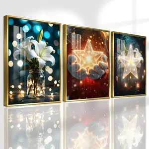 3 Counts Aluminum Alloy Framed Painting, White Lily And Glowing Star Art Pictures, Home Decoration For Living Room, Bedroom, Office, Restaurant, Hallway Wall Decor, Odorless Print Artwork, Luxury Perfect Gift For Friends And Family