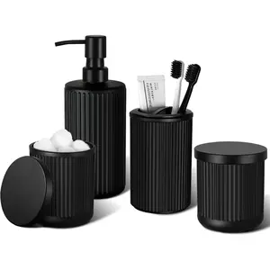 Matte Black Bathroom Accessories Set, 4 count Glass Bathroom Accessory Set, Soap Dispenser,  Holder, Qtip Holder Set, Bathroom Sets Complete, Bathroom Sink Set for Modern Home Decor
