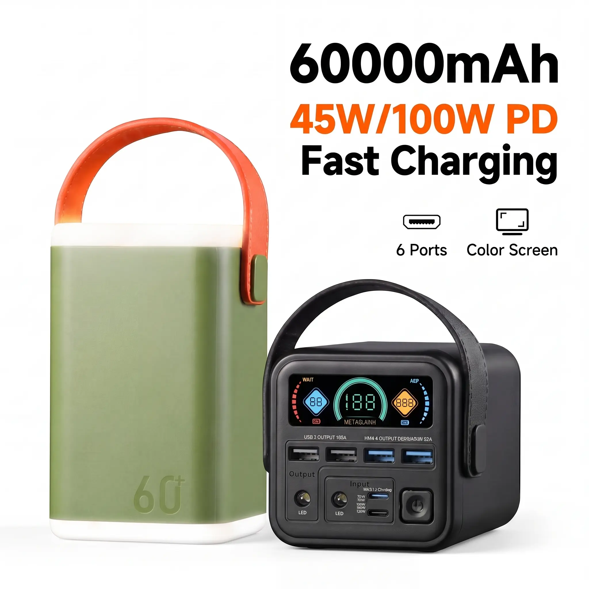 METABUNNY 60000mAh 100W PD Fast Charging Power Bank - 45W/100W 6 Ports Color Screen Portable Charger with Smart Digital Display for Laptop iPhone Travel Outdoor